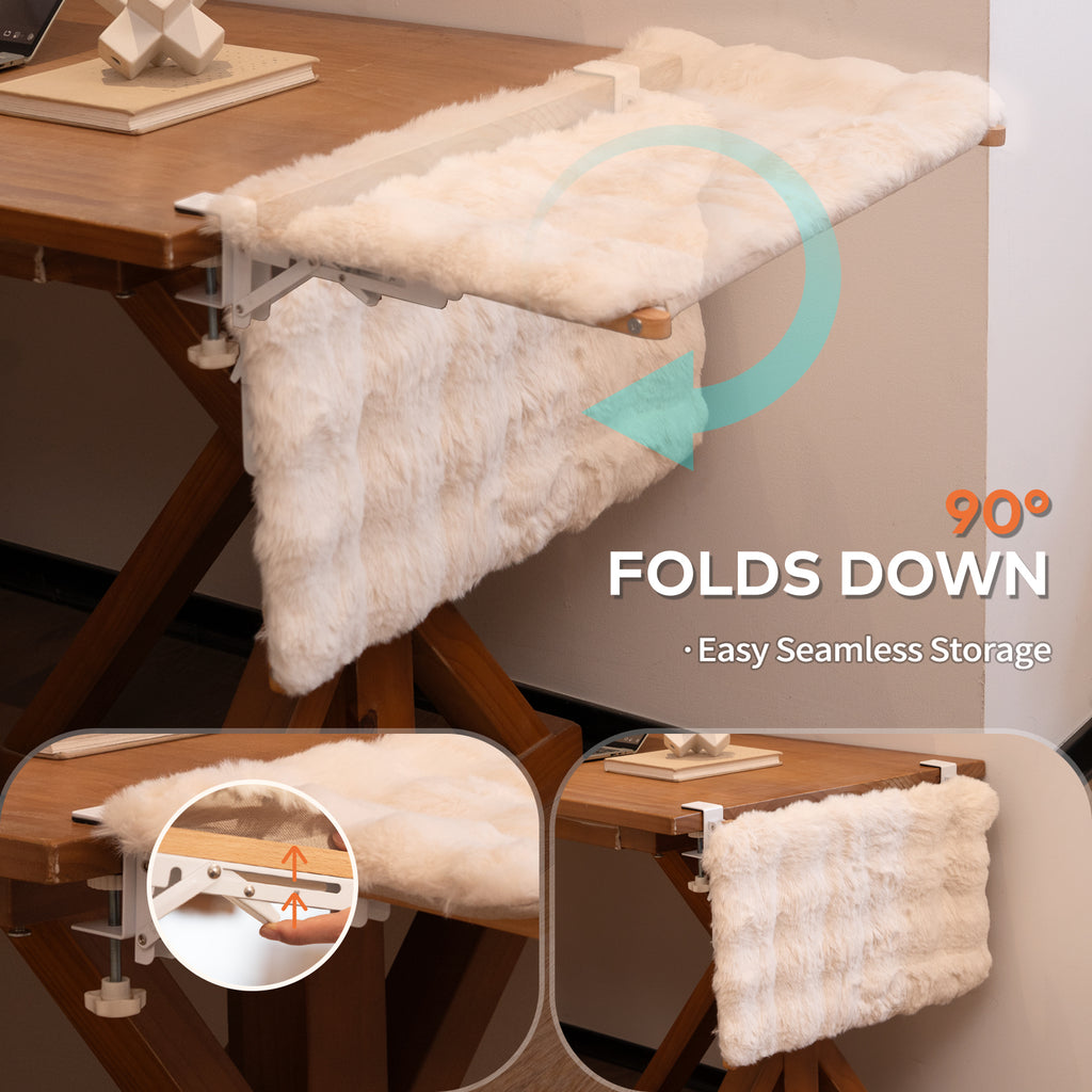 CheerPals Foldable Desk Cat Bed Hammock, Clip-On Plush Cat Shelf with Sturdy Metal Frame, Built-in Pillow Edge, Supports up to 40 Lbs, Anti-Shedding Resting Seat