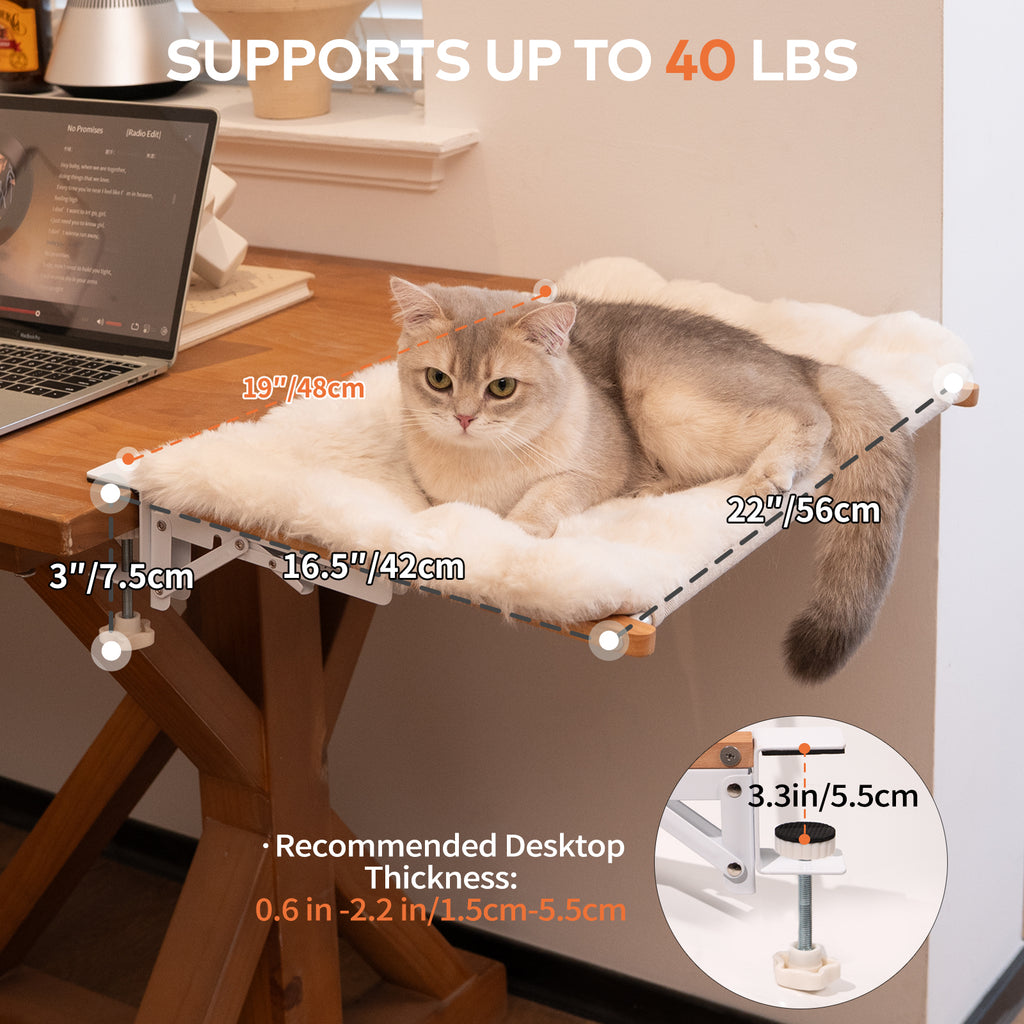 CheerPals Foldable Desk Cat Bed Hammock, Clip-On Plush Cat Shelf with Sturdy Metal Frame, Built-in Pillow Edge, Supports up to 40 Lbs, Anti-Shedding Resting Seat
