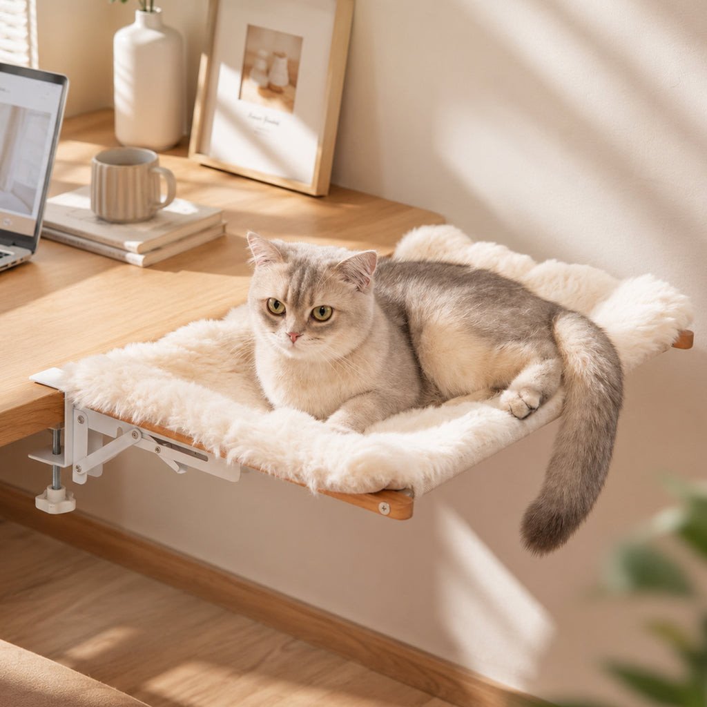 CheerPals Foldable Desk Cat Bed Hammock, Clip-On Plush Cat Shelf with Sturdy Metal Frame, Built-in Pillow Edge, Supports up to 40 Lbs, Anti-Shedding Resting Seat