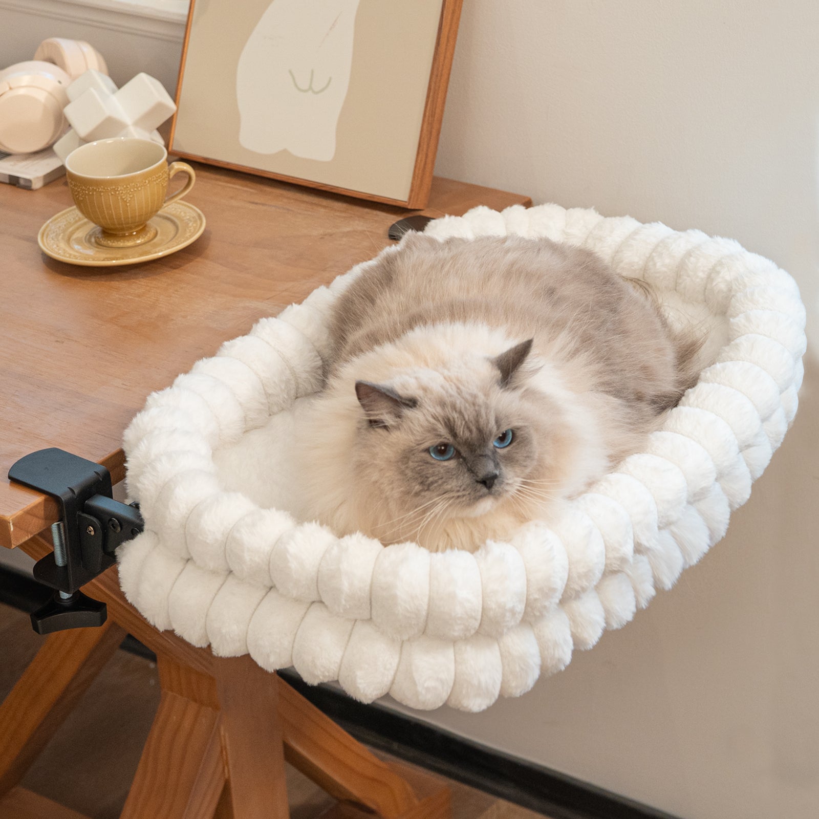 Cat Desk Bed with Reversible Cushion, 90°Foldable Cat Hammock for Desk Mounted Removable & Washable, Suitable for Medium-to-Large Cats and Puppy, Cloud Series