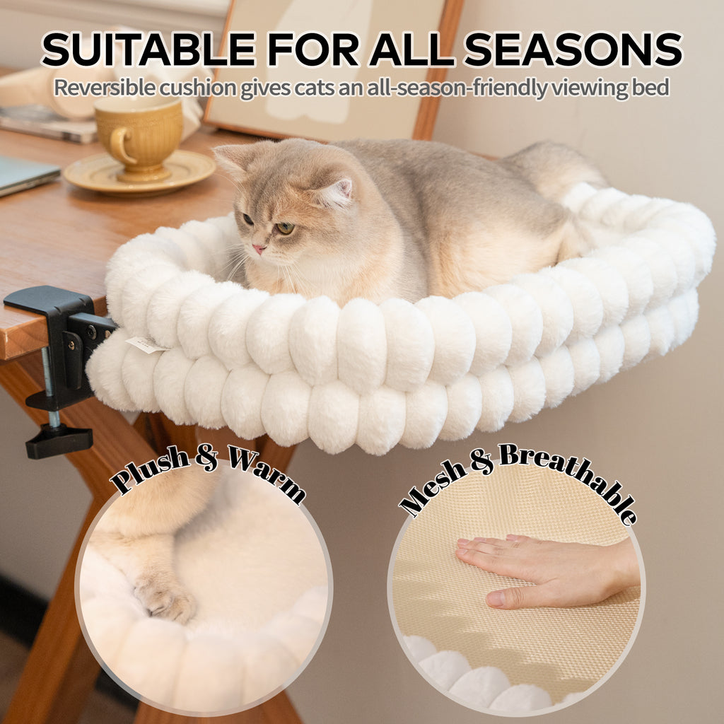 Cat Desk Bed with Reversible Cushion, 90°Foldable Cat Hammock for Desk Mounted Removable & Washable, Suitable for Medium-to-Large Cats and Puppy, Cloud Series