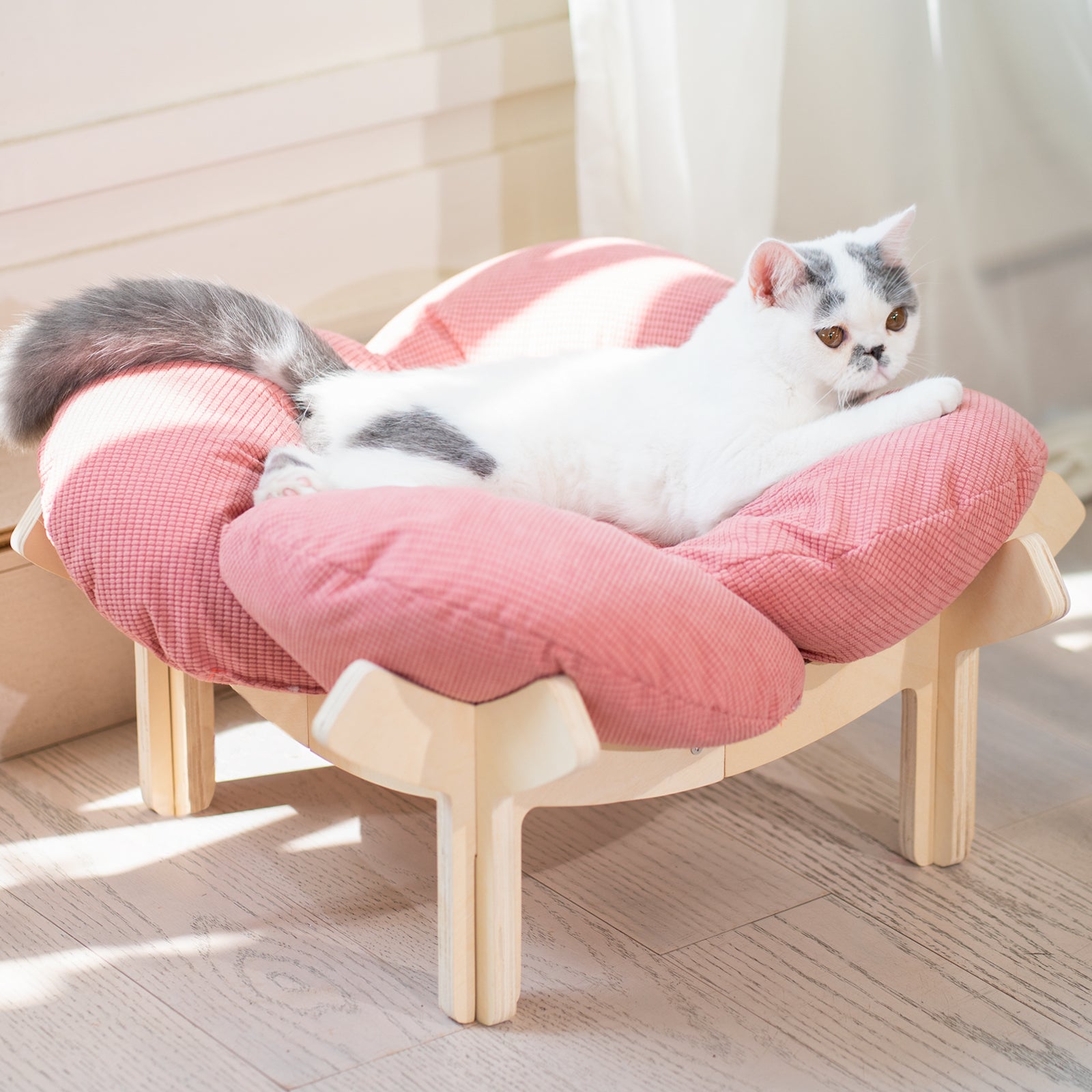 Elevated Flower Cat Bed Wooden with Cushion Fluffy Pet Couch Sofa for Indoor Cats Raised Kitty Lounge Chair Suitable for Puppy, Cat Furniture