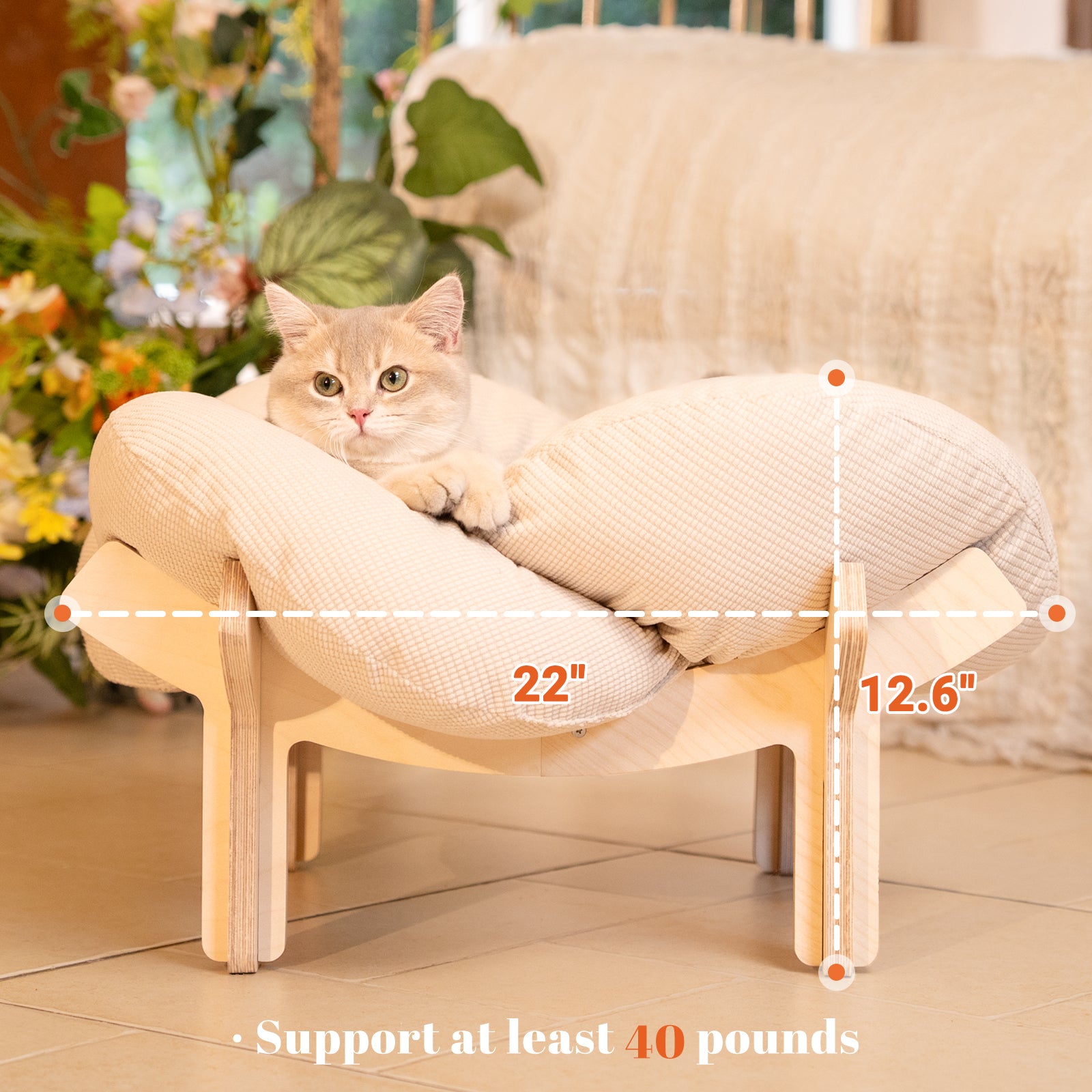 Elevated Flower Cat Bed Wooden with Cushion Fluffy Pet Couch Sofa for Indoor Cats Raised Kitty Lounge Chair Suitable for Puppy, Cat Furniture