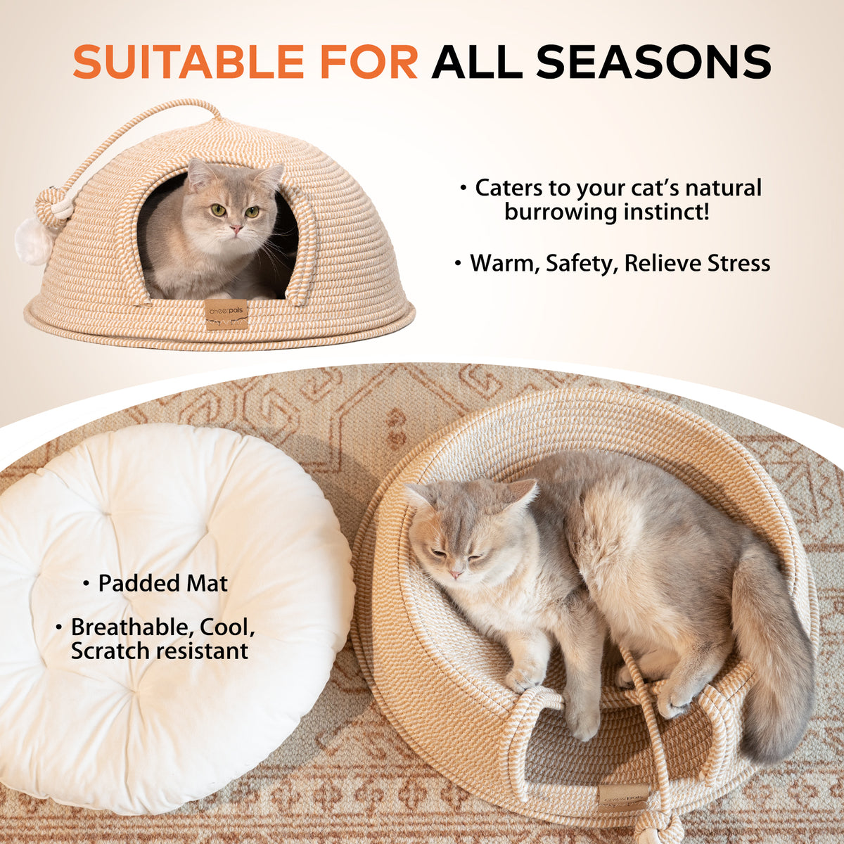 CheerPals Cat Cave Bed with Cushion, 21*21in All-Season Large Cats House Tent with Toy Ball for Indoor