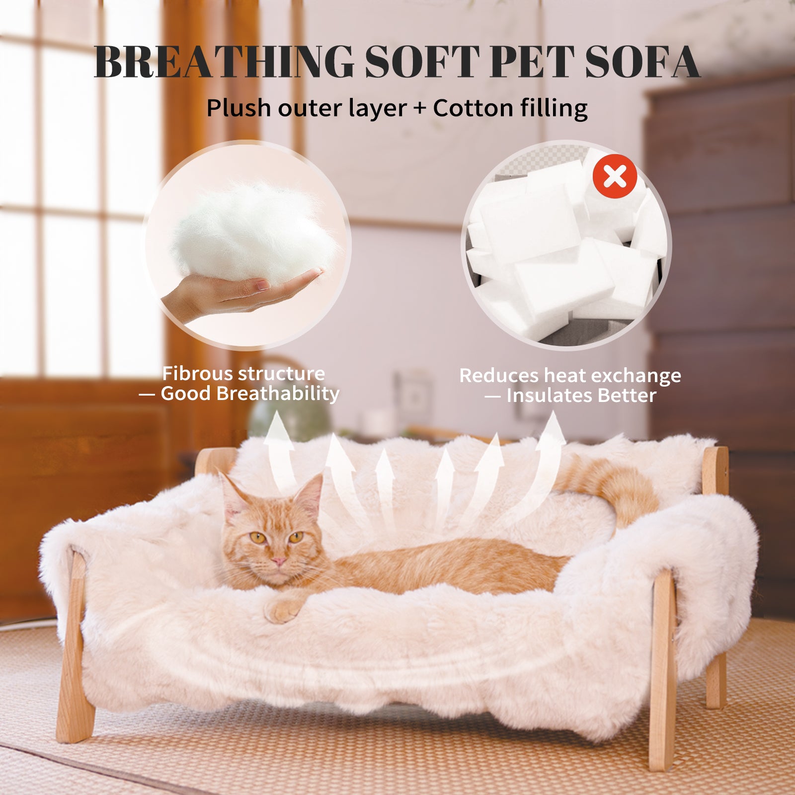 Elevated Cat Couch Bed for Indoor Cats, Wooden Cat Sofa with Removable Washable Fluffy Cover Raised Kitty Lounge Chair Suitable for Puppy