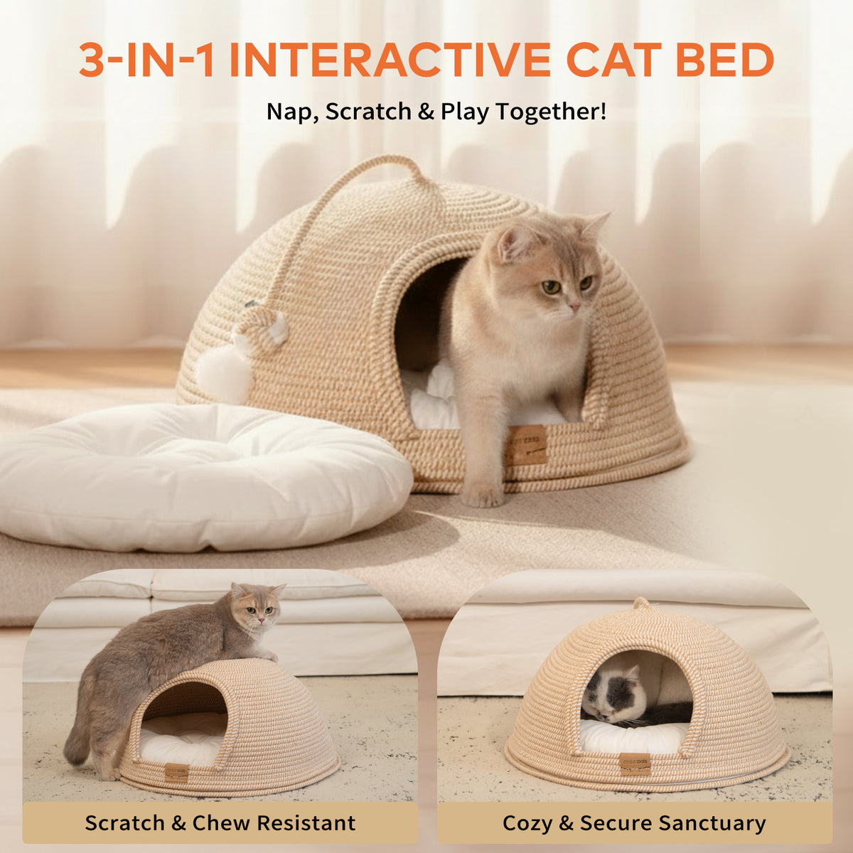 CheerPals Cat Cave Bed with Cushion, 21*21in All-Season Large Cats House Tent with Toy Ball for Indoor