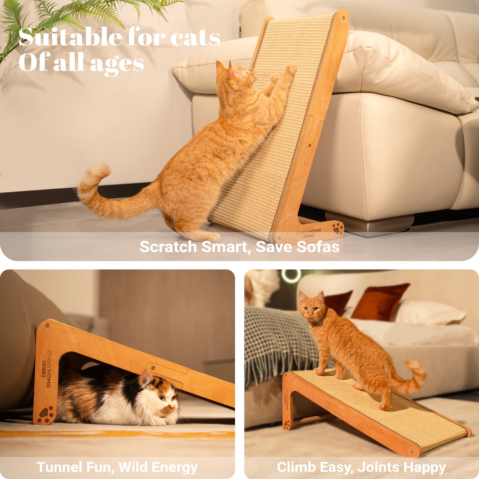 Sisal Cat Scratcher Ramp for Indoor Cats, 24.8" L Shape Scratching Post Climbing Vertical Cat Scratch Pad, Solid Wooden Cat Furniture