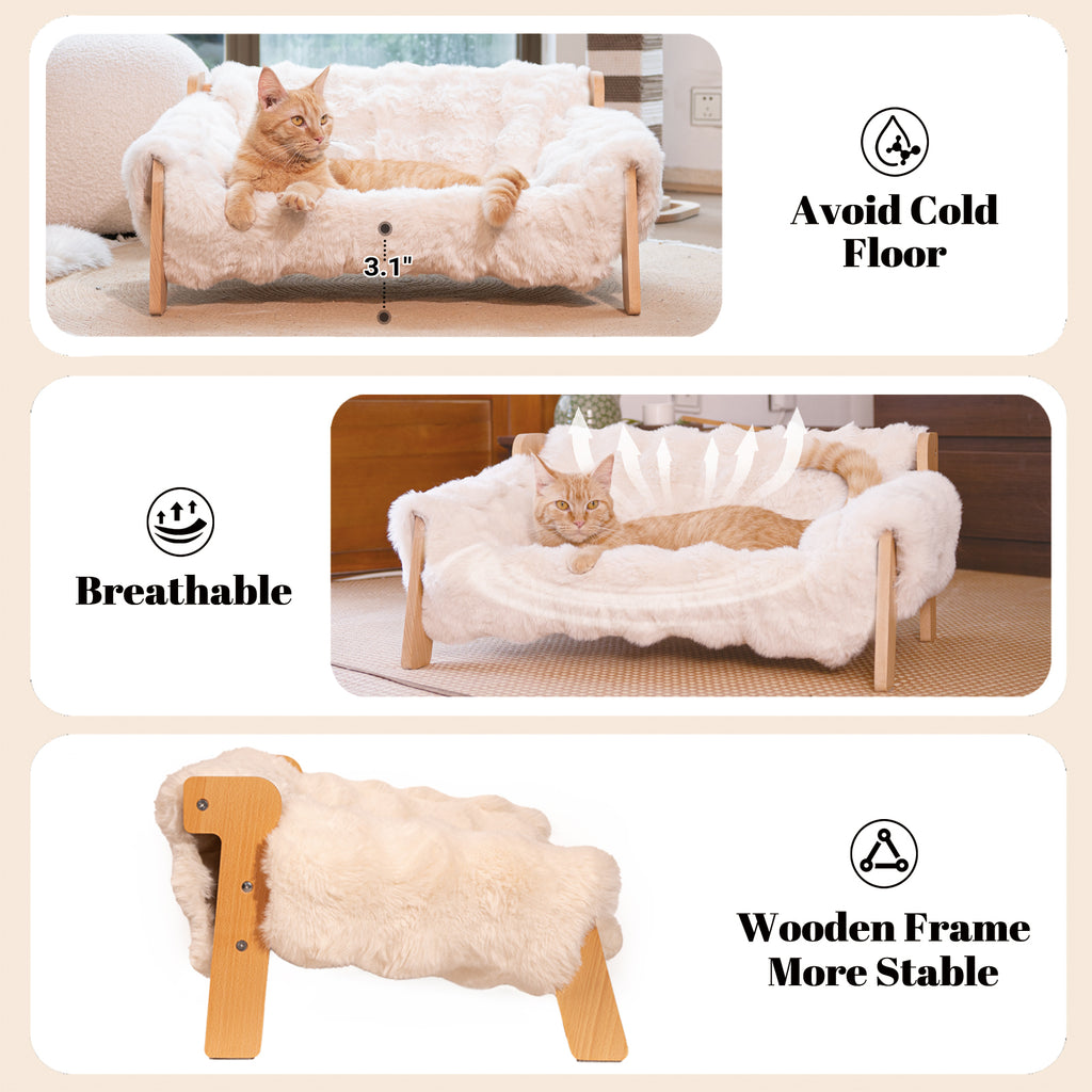 Elevated Cat Couch Bed for Indoor Cats, Wooden Cat Sofa with Removable Washable Fluffy Cover Raised Kitty Lounge Chair Suitable for Puppy