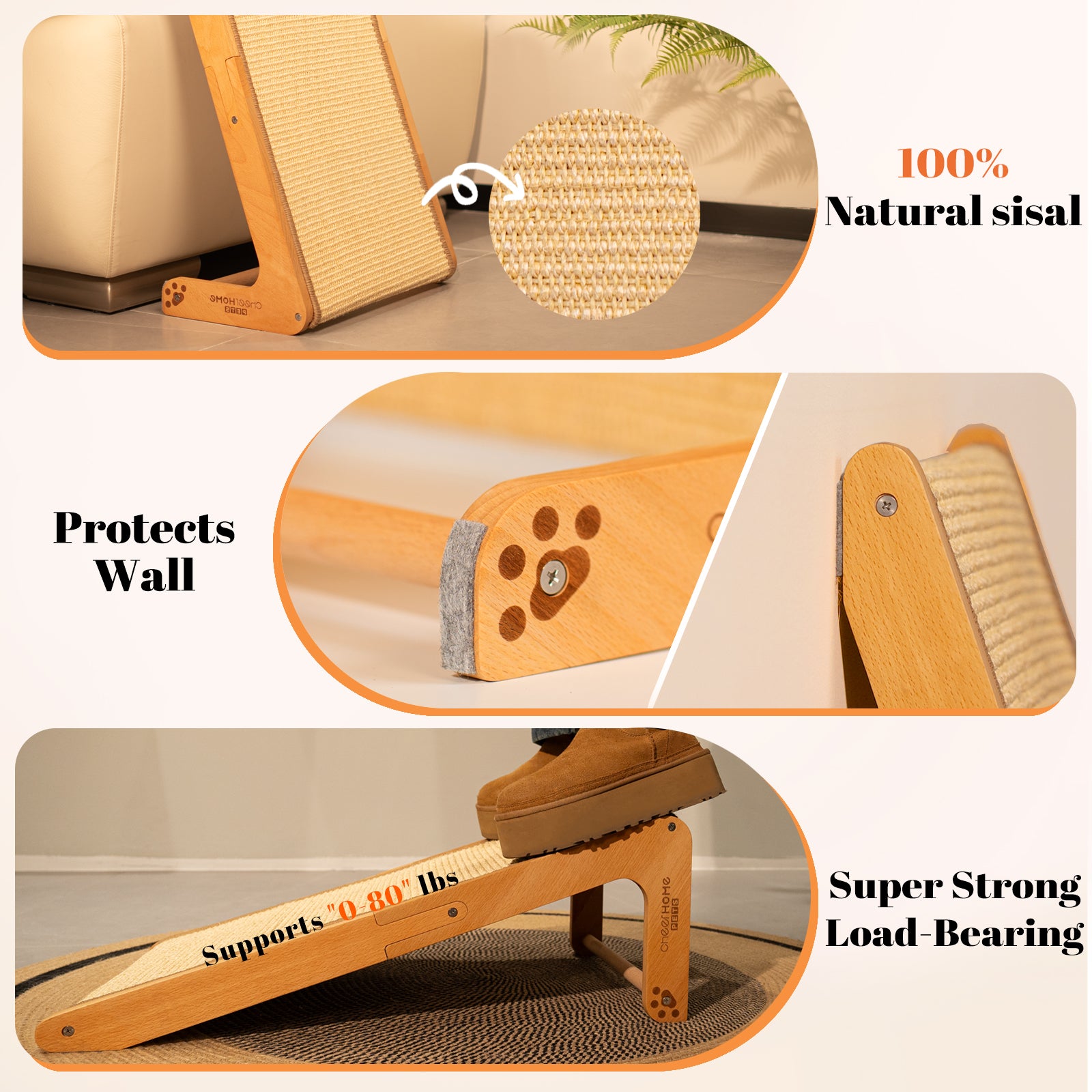 Sisal Cat Scratcher Ramp for Indoor Cats, 24.8" L Shape Scratching Post Climbing Vertical Cat Scratch Pad, Solid Wooden Cat Furniture