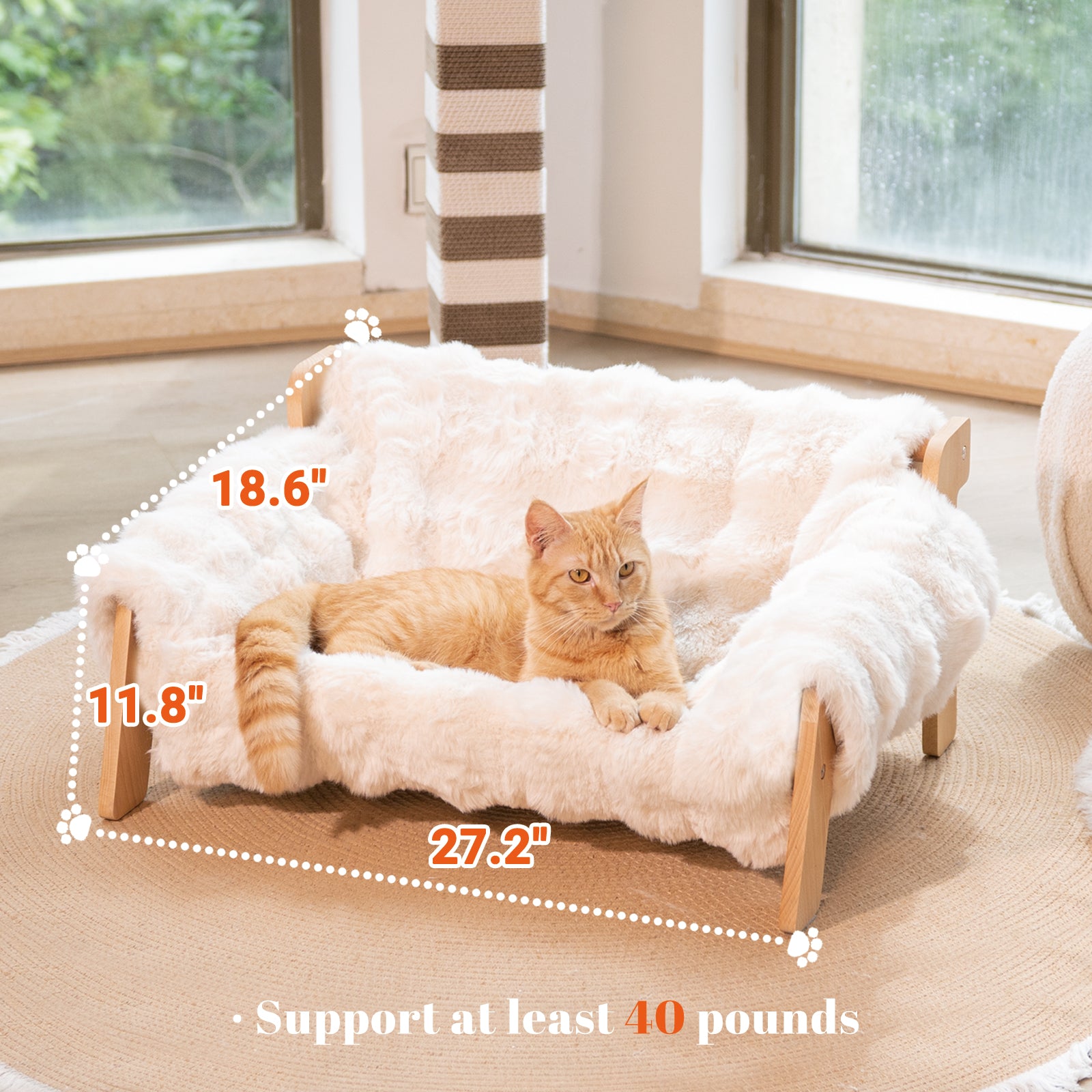 Elevated Cat Couch Bed for Indoor Cats, Wooden Cat Sofa with Removable Washable Fluffy Cover Raised Kitty Lounge Chair Suitable for Puppy