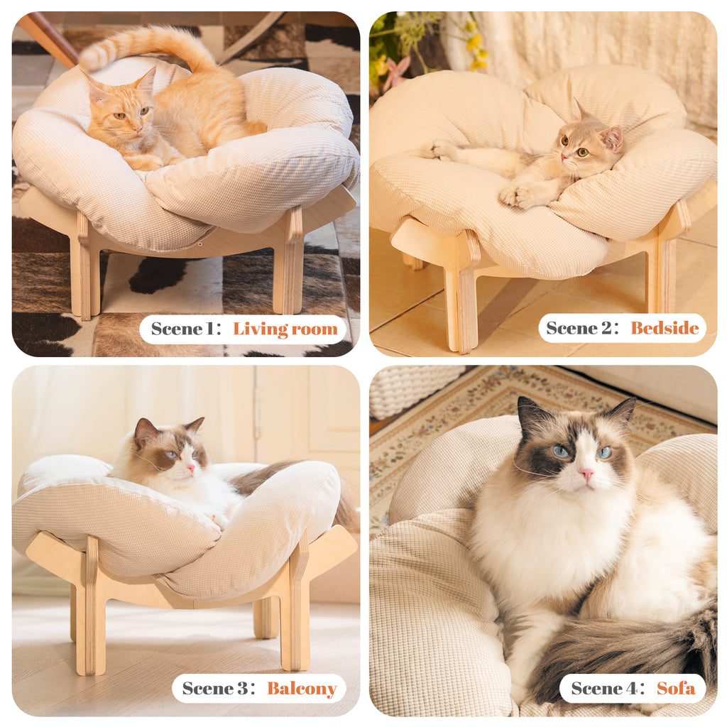 Elevated Flower Cat Bed Wooden with Cushion Fluffy Pet Couch Sofa for Indoor Cats Raised Kitty Lounge Chair Suitable for Puppy, Cat Furniture