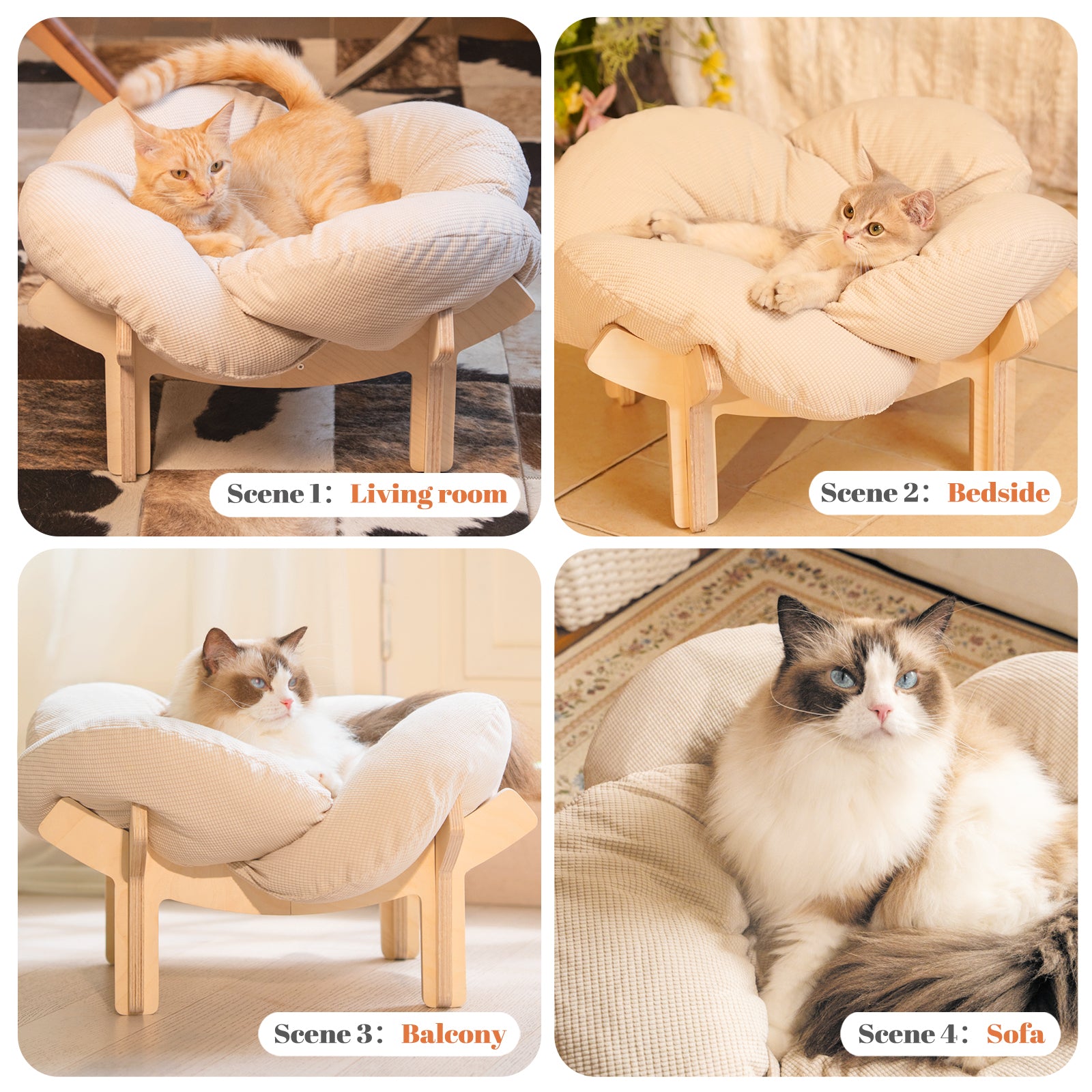 Elevated Flower Cat Bed Wooden with Cushion Fluffy Pet Couch Sofa for Indoor Cats Raised Kitty Lounge Chair Suitable for Puppy, Cat Furniture