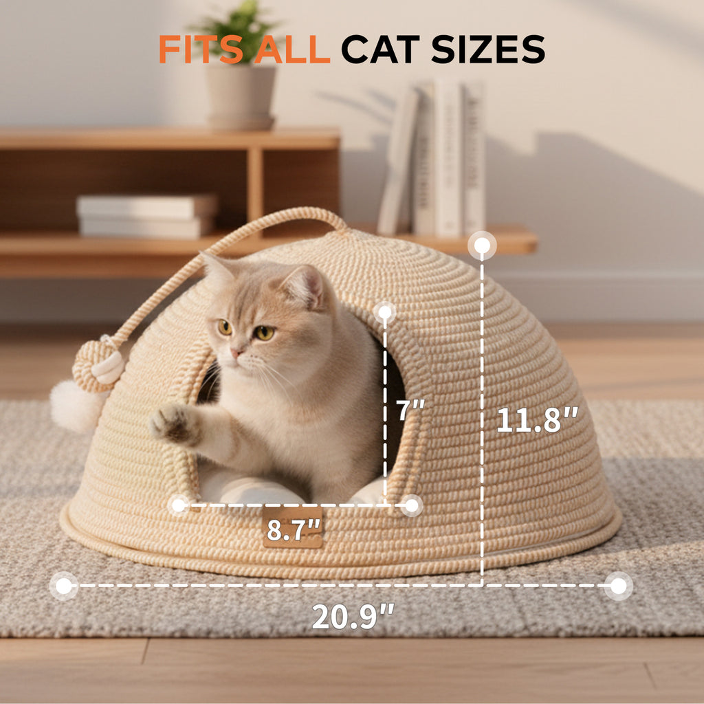 CheerPals Cat Cave Bed with Cushion, 21*21in All-Season Large Cats House Tent with Toy Ball for Indoor
