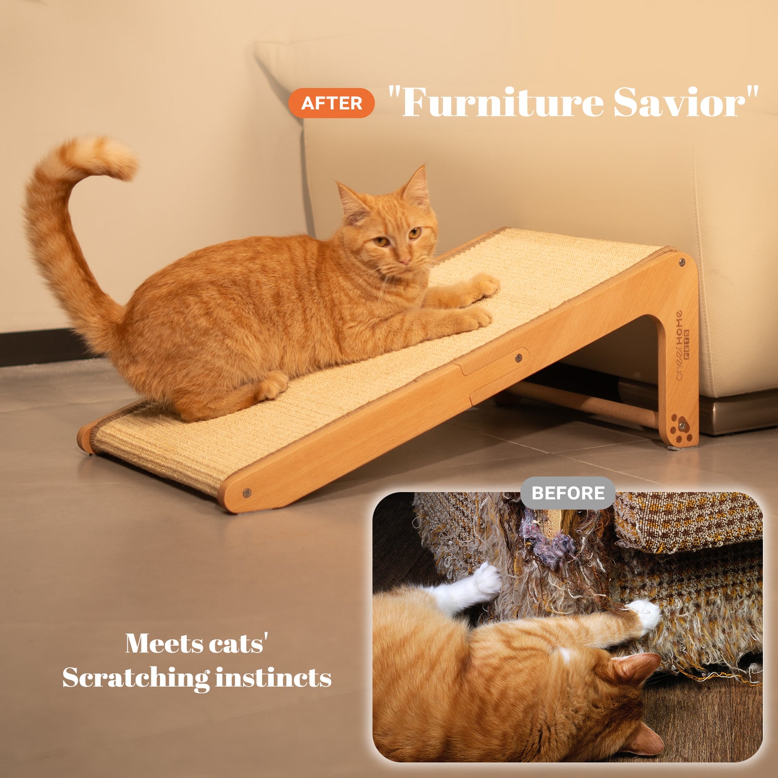 Sisal Cat Scratcher Ramp for Indoor Cats, 24.8" L Shape Scratching Post Climbing Vertical Cat Scratch Pad, Solid Wooden Cat Furniture