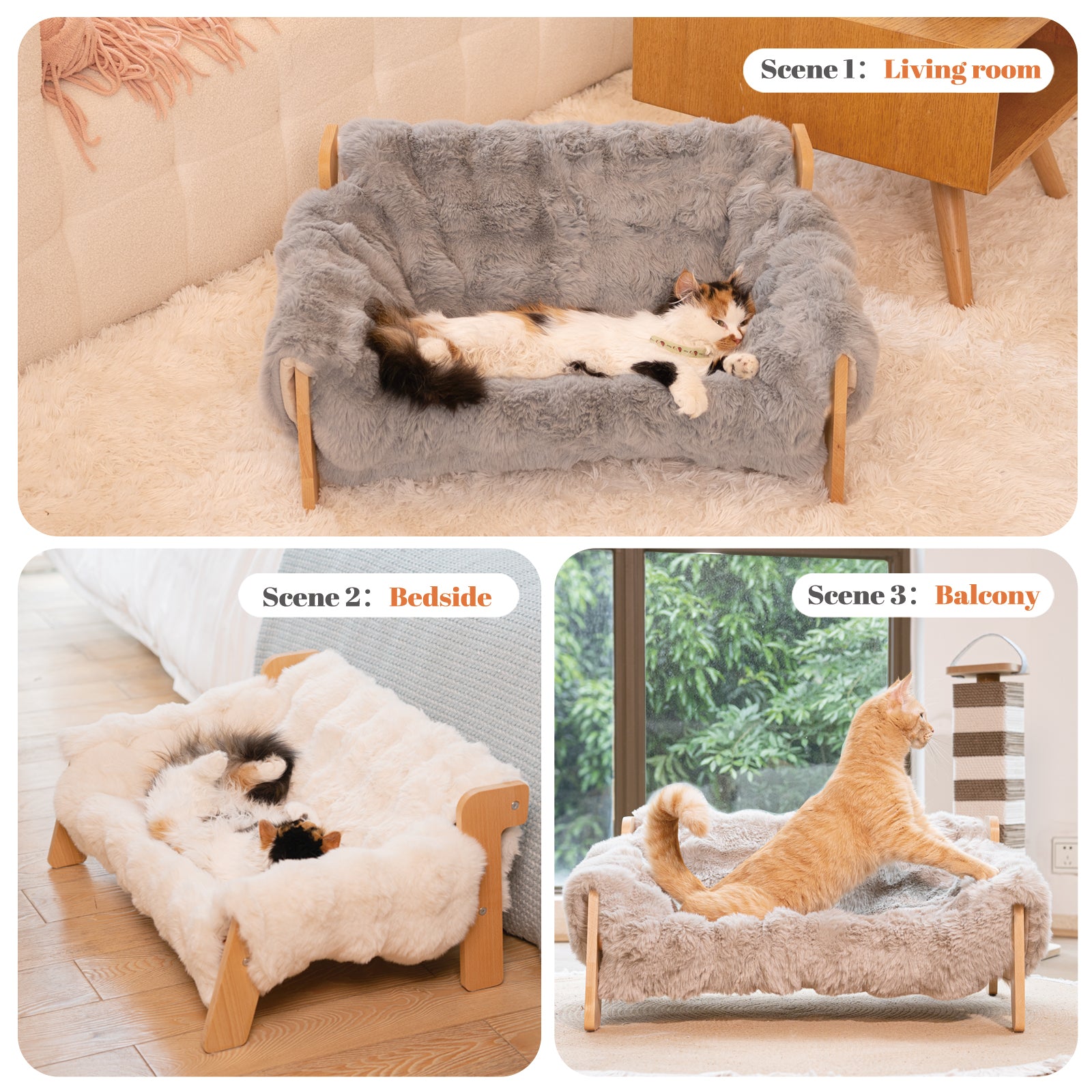 Elevated Cat Couch Bed for Indoor Cats, Wooden Cat Sofa with Removable Washable Fluffy Cover Raised Kitty Lounge Chair Suitable for Puppy