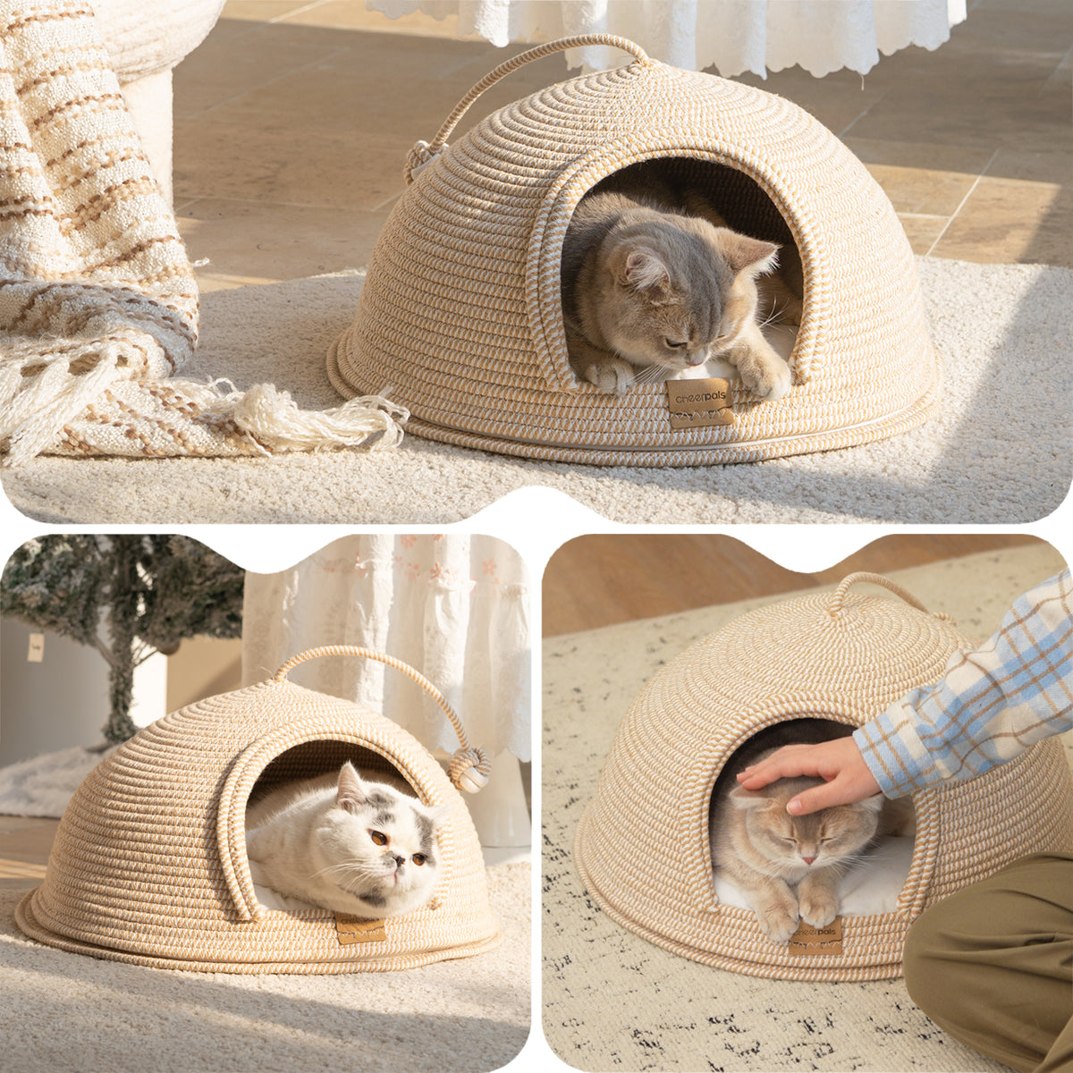 CheerPals Cat Cave Bed with Cushion, 21*21in All-Season Large Cats House Tent with Toy Ball for Indoor
