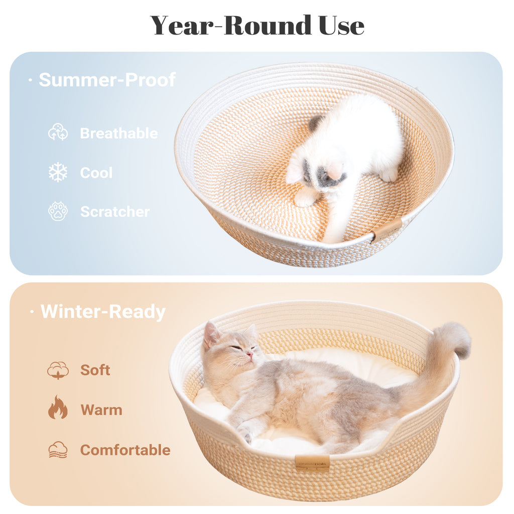 CheerPals Handwoven Cat Basket Bed Cooling for Indoor Cat with Cushion