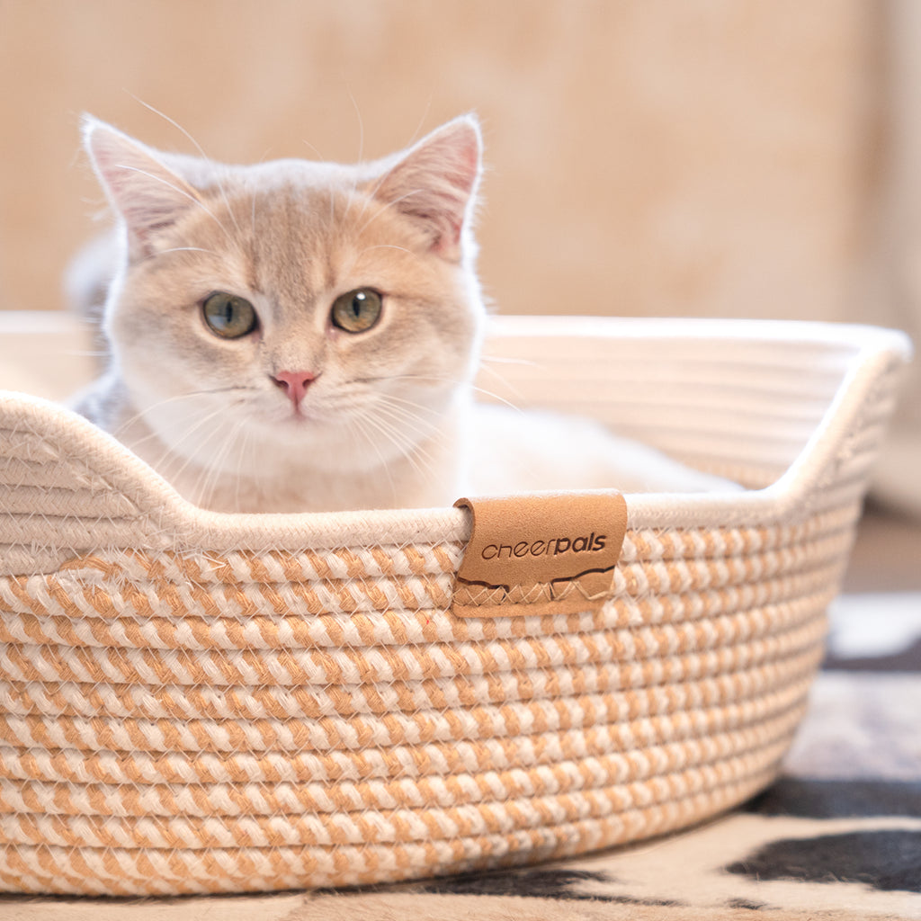 CheerPals Handwoven Cat Basket Bed Cooling for Indoor Cat with Cushion